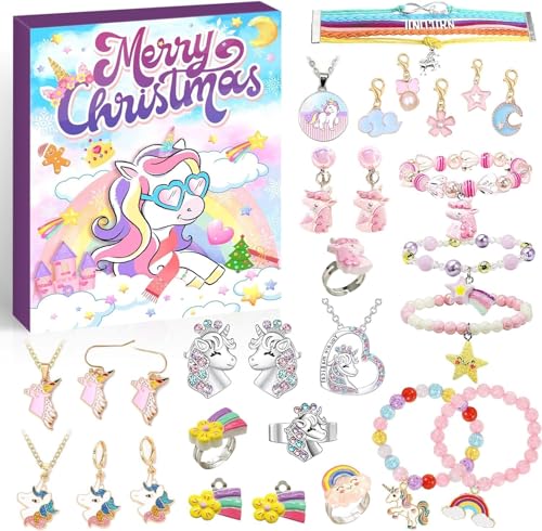 Adventskalender Mädchen 2025,Einhorn Schmuck Adventskalender kinder Weihnachtskalender 24 Tage Weihnachts Countdown Geschenken,Weihnachten Geschenk für Damen Mädchen