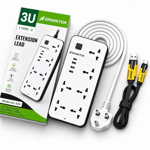 Universal Extension Cord 6 AC Sockets with 3 USB & 1 Type-C Port and 4in1 charging cable 3M Heavy-Duty Power Strip Multi Plug Extension Board with Fast Charging for Home Office & Kitchen