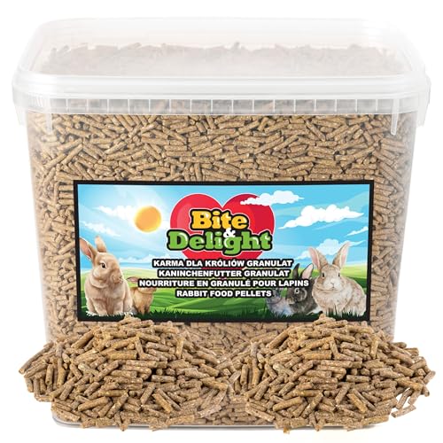 Bite & Delight Pellets de comida para conejos, pienso completo para conejos, conejos y conejos enanos, alimento completo sin azúcares añadidos, alimento universal con minerales, vitaminas, 10000 ml, 6
