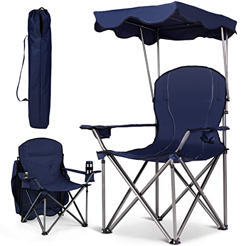 COSTWAY Chaise de Camping Pliante en PVC avec Porte-gobelet, Pare-Soleil, Sac de Transport,Accoudoirs Rembourré Portable 120 KG pour Randonnée, Plage, Pêche (Bleu)