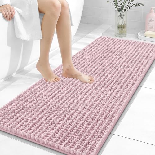 Image of OLANLY Long Bathroom Rugs Runner 47x20, Thick Soft and Absorbent Chenille Bath Mat, Non-Slip, Machine Washable Quick Dry Bath Rugs for Tub Shower Floor, Home Decor Accessories, Dusty Rose