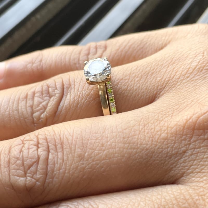 Round Cut Green Peridot & White Diamond Full Eternity Ring For Women, 14K Gold Plated 925 Silver September Birthstone Green Peridot Full Eternity Wedding Anniversary Matching Band