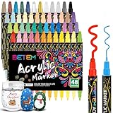 Betem 48 Farben Acrylstifte für Steine Wasserfest mit Doppelspitze, Aacrylic Marker für, Holz, Leinwand, Felsmalerei, Glas, Keramik, Christmas Acrylstifte Set für Basteln Kunstbedarf