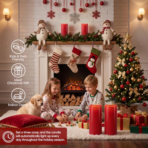 Image of 5plots 4 inchx10 inch Large Waterproof Flameless Candles Red LED Pillar Set of 2 | Battery operated LED candles with remote timer, realistic flicker, ideal design for patio, porch, lanterns & Christmas decor