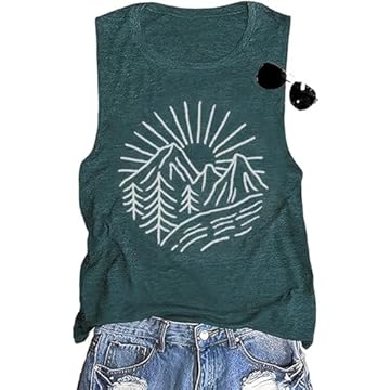 Regatas femininas para caminhadas na montanha com estampa de pinheiro nascer do sol com estampa de verão sem mangas folgadas, Verde, GG