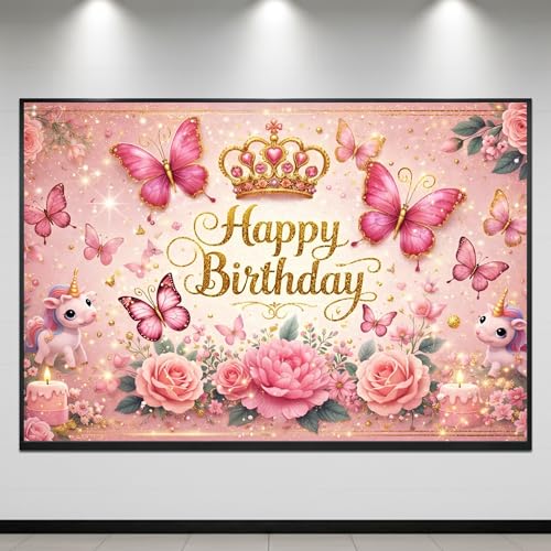Image of Happy Birthday Theme Backdrop Banner 5x7 ft - Digital Print Cloth Background, Reusable Birthday Party Wall Decoration for Girls, Photo Booth & Stage Decor (BD 32)