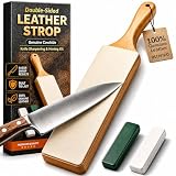 Leather Strop for Knife Sharpening: Double-Sided Genuine Cowhide Stropping Block with 2 Grits Polishing Compound for Straight Razor, Knife Honing, Wood Carving Tools & Chisels