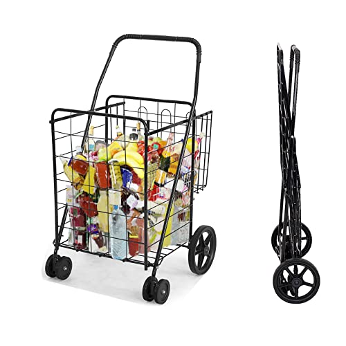 COSTWAY Chariot de Courses 4 Roues en Métal à Double Panier, Caddie de Courses Pliable Anti-Rouille avec Panier Latéral, Chariot à roulettes 122L Capacité Charge 40kg