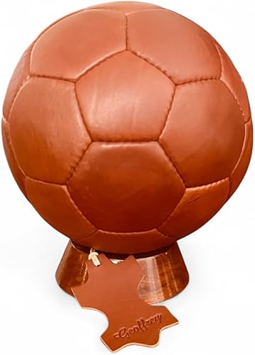 Miniatura 3 de Geoffrey Balón de fútbol vintage de 32 paneles, 100 % piel de vaca con base de madera, bronceado y marrón oscuro, blanco y negro, Br I Tan I antiguo