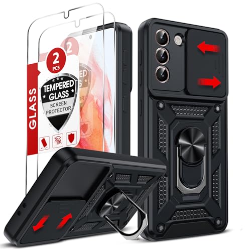 LeYi for Samsung Galaxy S21 5G-6.2 Inch Phone Case with Camera Cover Slider |2 Tempered Glass Screen Protectors Ring Stand Holder Rugged Protective Tough Armor Cover for Samsung S21 5G Black
