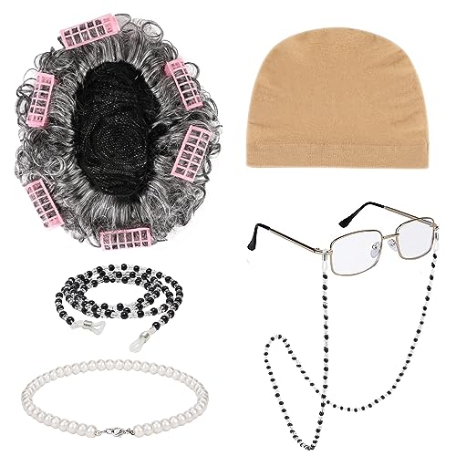 XEPST Old Lady Costume Set for Women, Old Lady Wig Granny Costume Grandma Dress  Up Accessories Set with Hair Rollers, Grandma Glasses, Eyeglass Chain,  Pearl Necklace - BigaMart