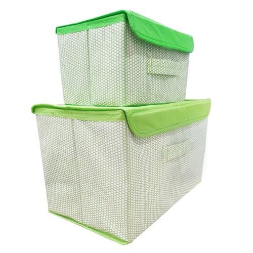 Image of STORE MORE Non Woven Big and Small Storage Box Wardrobe Closet Organizer Foldable Stackable Rectangular Basket /Bins with Lid & Handle (Green, Set of 2)