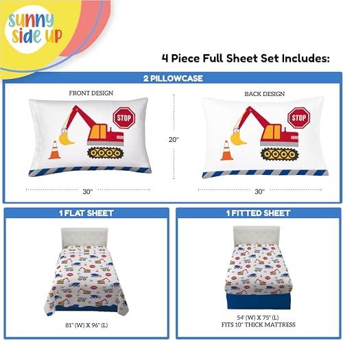 Image of Sunny Side Up Construction Zone Full Sheet Set - 4 Piece Kids Bedding Set Includes Pillow Cover - Super Soft Trucks Microfiber Sheets