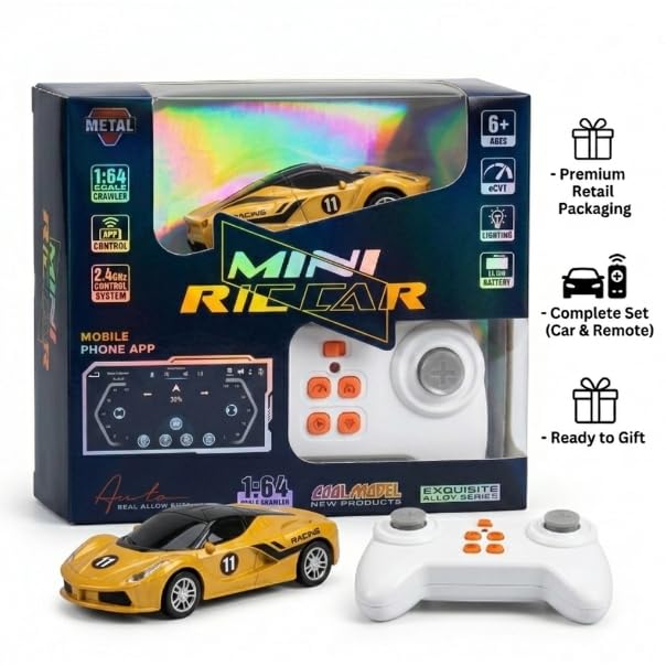 Image of Mini RC Car 1:64 Scale Remote Control Car for Kids, App Controlled Electric Racing Toy with LED Lights, Rechargeable Battery, 2.4GHz Control System, Birthday Gift for Boys & Girls (Yellow)