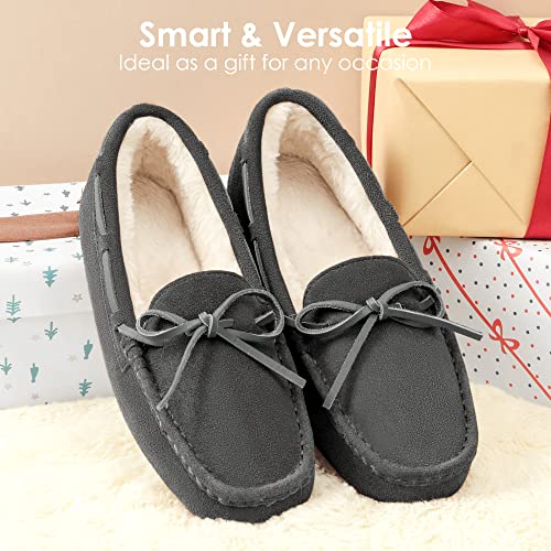 DREAM PAIRS Women's House Slippers Indoor Outdoor Moccasin Fuzzy Fluffy Furry Loafers Suede Leather Warm Shoes,Size 8,Grey,AUZY-02