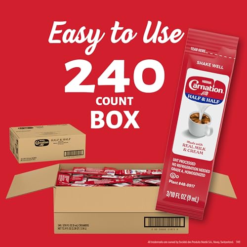 Image of Nestle Carnation Coffee Creamer Half and Half, Made with Real Dairy, 0.304 fl oz Liquid Stick Pack (Box of 240)