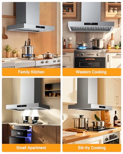 30 Inch Wall Mount Range Hood 1200CFM, 4-Speed Wall Mount Range Hood with Touch Control & Gesture Sensing Stainless Steel Kitchen Stove Vent Hoods with 2 LED Lights Luxury Series