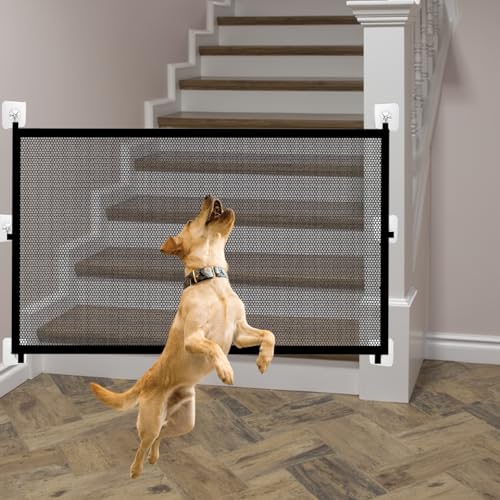Puertas de escalera para perros (72 x 110 cm), puerta de seguridad portátil para perros, puerta plegable de malla para perros pequeños con 6 ganchos adhesivos para interiores y exteriores, escalera