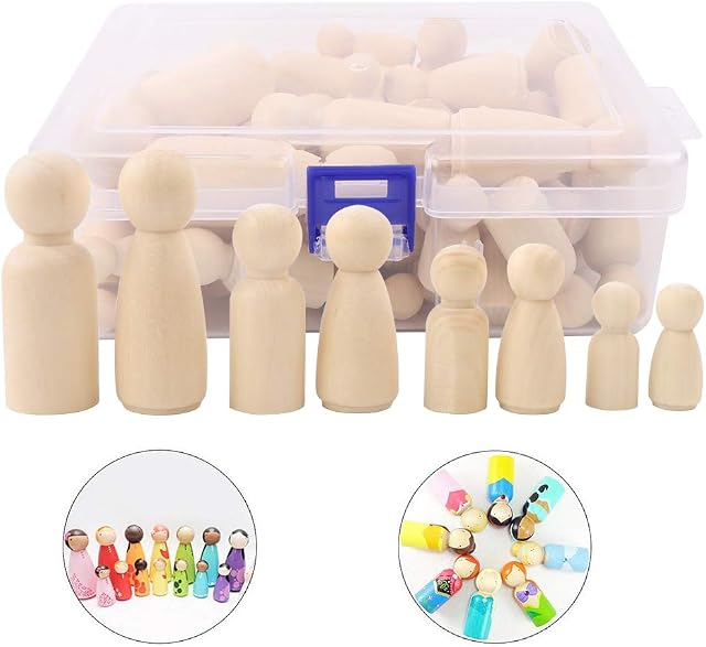 Wooden Peg Dolls Unfinished People,50 Pieces Wooden Decorative DIY Doll People Shapes Nature Wooden for Kids Painting, Craft Art Projects, Peg Game, Decoration Toy,Storage Case in Assorted Sizes