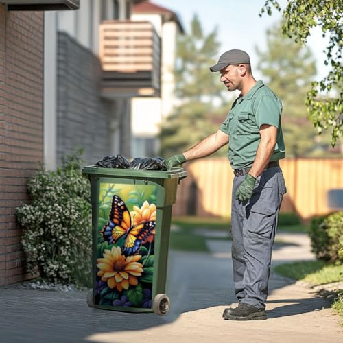 Image of Peacoblue Wheelie Bin Stickers 2 Sheets Butterfly and Flowers Sticky Dustbin Stickers Decals, 15 inch x 32 inch Waterproof Large Wraps for Trash Cans Bins Fridges Door Wall Garden Outdoor Indoor Patio Decor