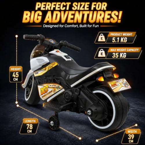 Image of MEKASHI 6V Electric Ride-On Bike for Kids with Bluetooth Music (White) | Realistic styling with LED headlight, rechargeable battery & smooth ride performance for toddlers aged 1-4 years