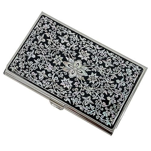 Image of Mother of Pearl Business Card Case Credit Id Name Holder Travel Wallet Art Painting Design Metal Stainless Steel Engraved Slim Purse Pocket Cash Money Wallet (Arabesque)