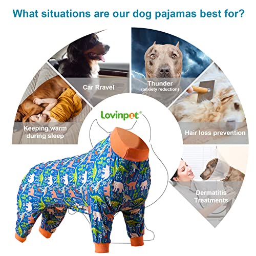 LovinPet Large Breed Dog Clothes Pajamas, Wound Care/Post Surgery Full Coverage Shirt, Dinosaur Land Blue Print - Image 3