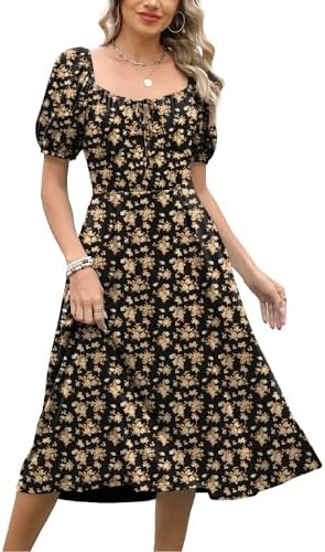 Caracilia Women Summer Casual Midi Dress Puff Short Sleeve Square Neck Floral Wedding Guest Party Graduation Dress
