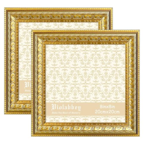 Image of VIOLABBEY 8x8 Picture Frame Gold Set of 2, Vintage Photo Frame | Antique Ornate Frame, Square Frame for Wall or Tabletop Display, Classic Design for Home Office Decor, Fits 8x8 Pictures