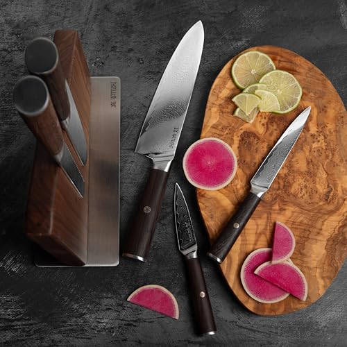 Image of Yatoshi Knives Magnetic Kitchen Knife Block Set - Japanese 67 Layer High-Grade VG-10 Steel Knives, Sharp, G10 Handle Professional Kitchen Knife Set - Damascus (6 pieces), Brown Pakkawood Handles