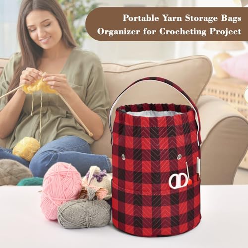 Image of ElliTarr Crochet Bag Yarn Bag with Handle Portable Knitting Project Bag Travel Yarn Storage Organizer Holder Case Buffalo Plaid Red and Black