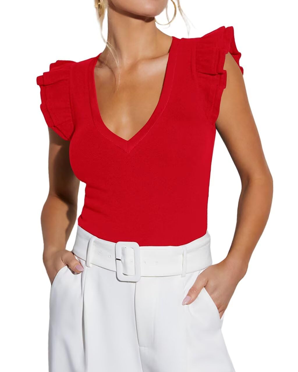 BONITEE Women Summer Ruffle Tops Sexy Deep V Neck Short Sleeve Shirts Trendy Casual Ribbed Slim Fitted Knit Tees Blouse