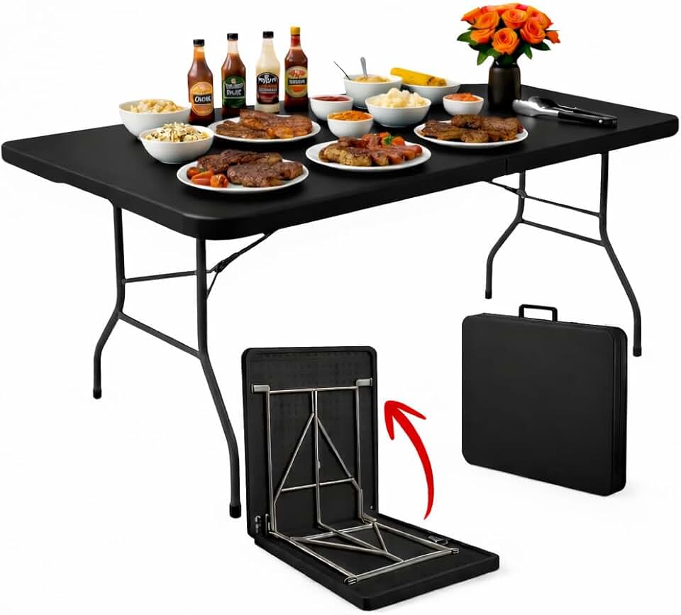 Mesa Dobrável 1,80m Vira Maleta Portátil Preto Em Aço e Polietileno Durável Para Camping Pesca Jardim Festas Uso Externo Interno Com Alta Resistencia e Fácil Transporte (Preta)