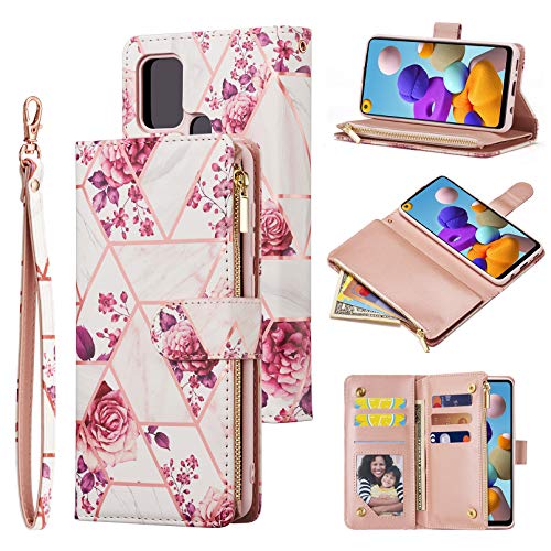 Ueebai Wallet Case For Samsung Galaxy A21S, Premium Vintage Pu Leather Handbag Magnetic Closure Zipper Pocket Kickstand Card Slots Phone Case With Wrist Strap Shockproof Flip Cover - Pink Flower #TOP10