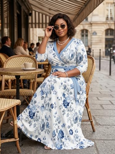 Image of PinkPatty Plus Size Maxi Dress for Women Casual V Neck 3 /4 Sleeve Boho Printed Long Dress with Pockets