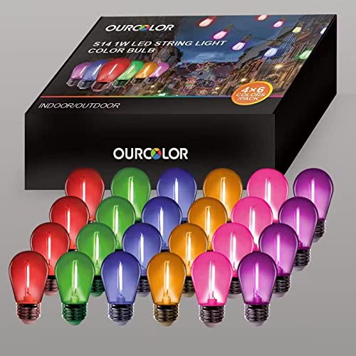 OURCOLOR 24 Pack Multicolor S14 1W LED String Light Replacement Bulb, Home Decor, Holiday, Party, Wedding, Christmas Light, Assorted
