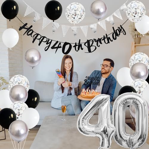 Image of 40th Birthday Decorations for Men, Black Silver 40th Birthday Balloons with Black Happy 40th Banner 40 Cake Topper Decor Number 40 Balloon for Women 40th Party Decoration