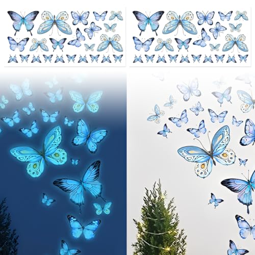 46 Pièces Stickers Muraux Enfants Lumineux - Papillons Autocollants - Bleu Papillon Decoration Fluorescent pour Decoration Chambre Enfant