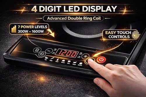 Image of 1600W 2.0 Induction Cooktop with 4-Digit LED Display | Double Ring Coil Heating | Microcrystalline Glass Top | 240 Min Timer | 6 Cooking Modes | 7 Power Levels | Auto Cut-Off Safety | 1 Year Warranty