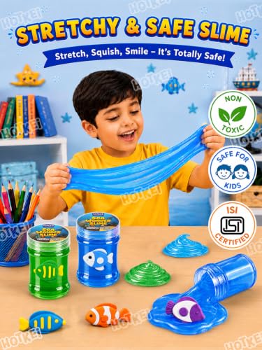 Image of HOTKEI Sea Wonder Slime for Kids 3 to 10 Years Stretchable Slime with Surprise Fish Eraser Inside Soft Non-Sticky DIY Slimy Fun Toy Birthday & Return Gift for Kids Girls & Boys Pack of 4