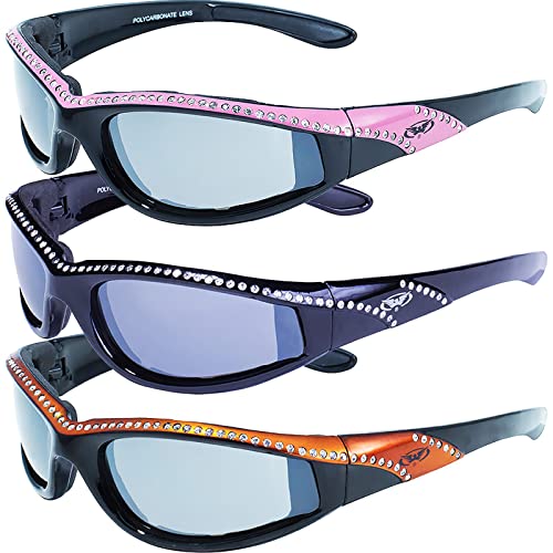 Global Vision 3 Pairs of Marilyn 11 Women's Bling Black Motorcycle Sunglasses Pink Orange Black Gloss Stripe Frames Flash Mirror Lenses