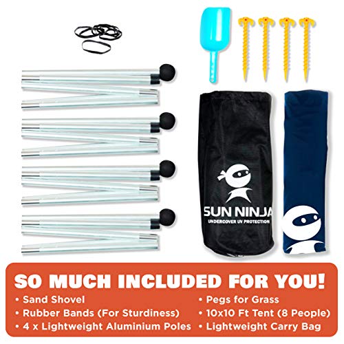 SUN NINJA Pop Up Beach Tent Sun Shelter with Sand Shovel, Ground Pegs,and Stability Poles, Outdoor Shade for Camping Trips, Fishing, Backyard Fun or Picnics (10x10FT 4 Pole, Turquoise)