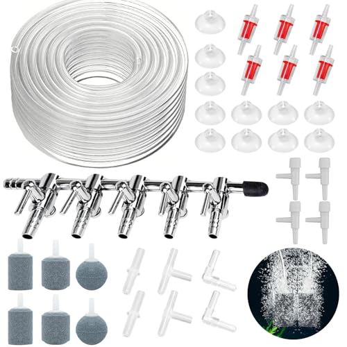 Annickee 66PCS Air Luftpumpe Zubehör, Aquarium Zubehör inkl. 5-Wege Luftverteiler, 10M Silikonschlauch, Luftstein, Rückschlagventilen, Regelbare Ventile, Saugnäpfen, I/T/L Form Anschlüssen