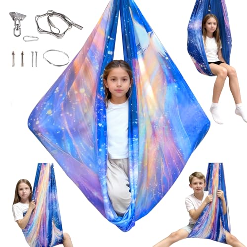 Image of Sensory Swing for Kids & Adults with 360 Swivel Hanger Kit, Double Layer Elastic Therapy Swing Holds up to 300lbs for Autism, ADHD,Aspergers, and SPD (Blue Bird)