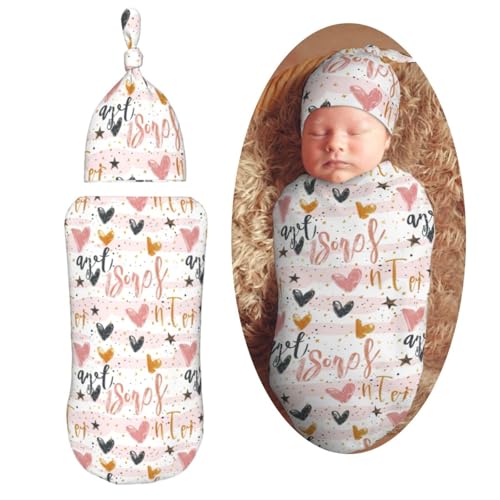 Image of Hand Drawn Gold Heart Newborn Swaddle Blankets Hat Sets Soft Baby Receiving Blanket Swaddle Sack for Baby Shower Infant Boy Girl Gift