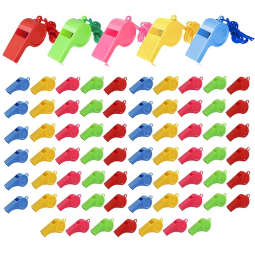 GOIEHIR Silbato, 72 Piezas Silbatos Plástico, Silbatos con Cordón, para árbitros, Profesores, Estudiantes, Niños