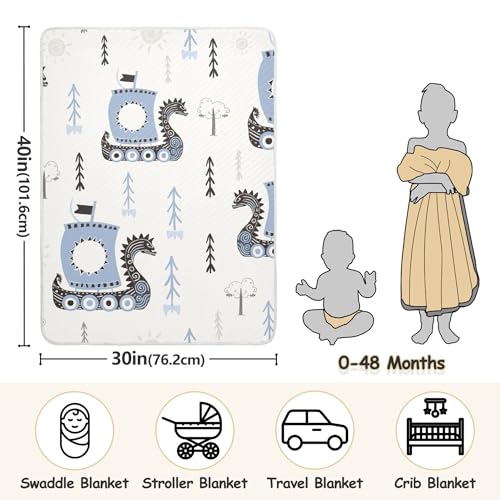 Image of Qilmy Viking Ships Baby Blanket for Boys Girls Kids with Soft Cotton, Cute Cozy Warm Nursery Receiving Swaddle Blanket for Toddler Infant Crib, 30 x 40 Inch