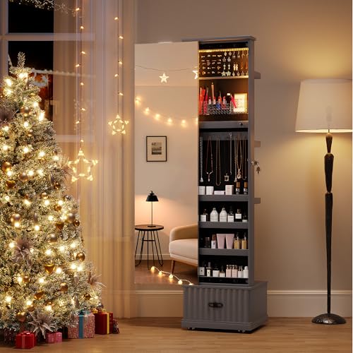 Lvifur Jewelry Cabinet with LED Mirror - Side Sliding Door Jewelry Armoires for Bedroom,Standing Jewelry Organizer with Full Length Mirror&3 Photo Frames&Drawer&Movable Wheels for Cloakroom,