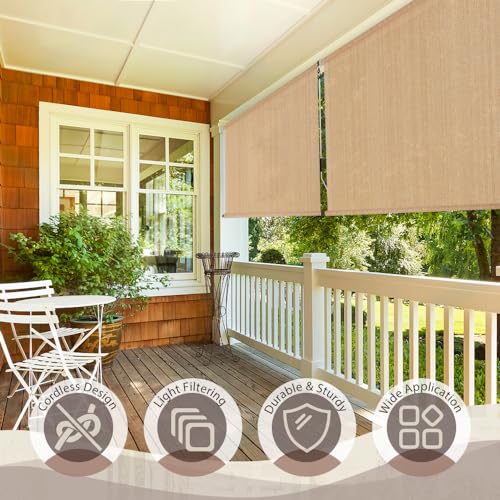 SEEYE Outdoor Sunshade Roller Shades 6' W x 8' H, Cordless Roll Up Shade Blinds Privacy Screen with 90% UV Protection, Exterior Patio Shade Cloth for Porch Pergola Balcony Backyard Windows, Walnut