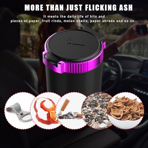Image of Dickno Car Ashtray with Lid, Detachable Stainless Smokeless Auto Ashtray, Portable Mini Vehicle Trash Can with LED Blue Light, Universal Interior Accessories for Cup Holder (Purple)